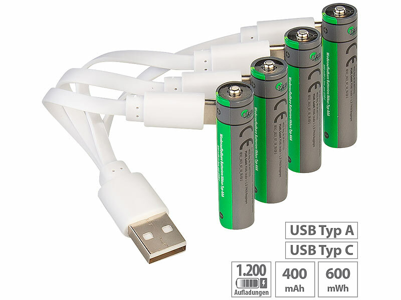 ; Alkaline-Batterien Micro (AAA), Li-Ion-Akkus Typ AA, mit USB-LadefunktionLi-Ion-Akkus Typ 18650 