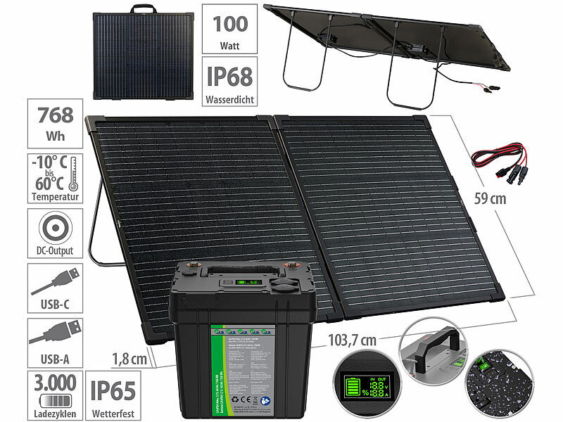 tka Köbele Akkutechnik Solarstrom-Set: LiFePO4-Akku mit 100-W-Solarpanel,  768 Wh, 12 V DC, PD